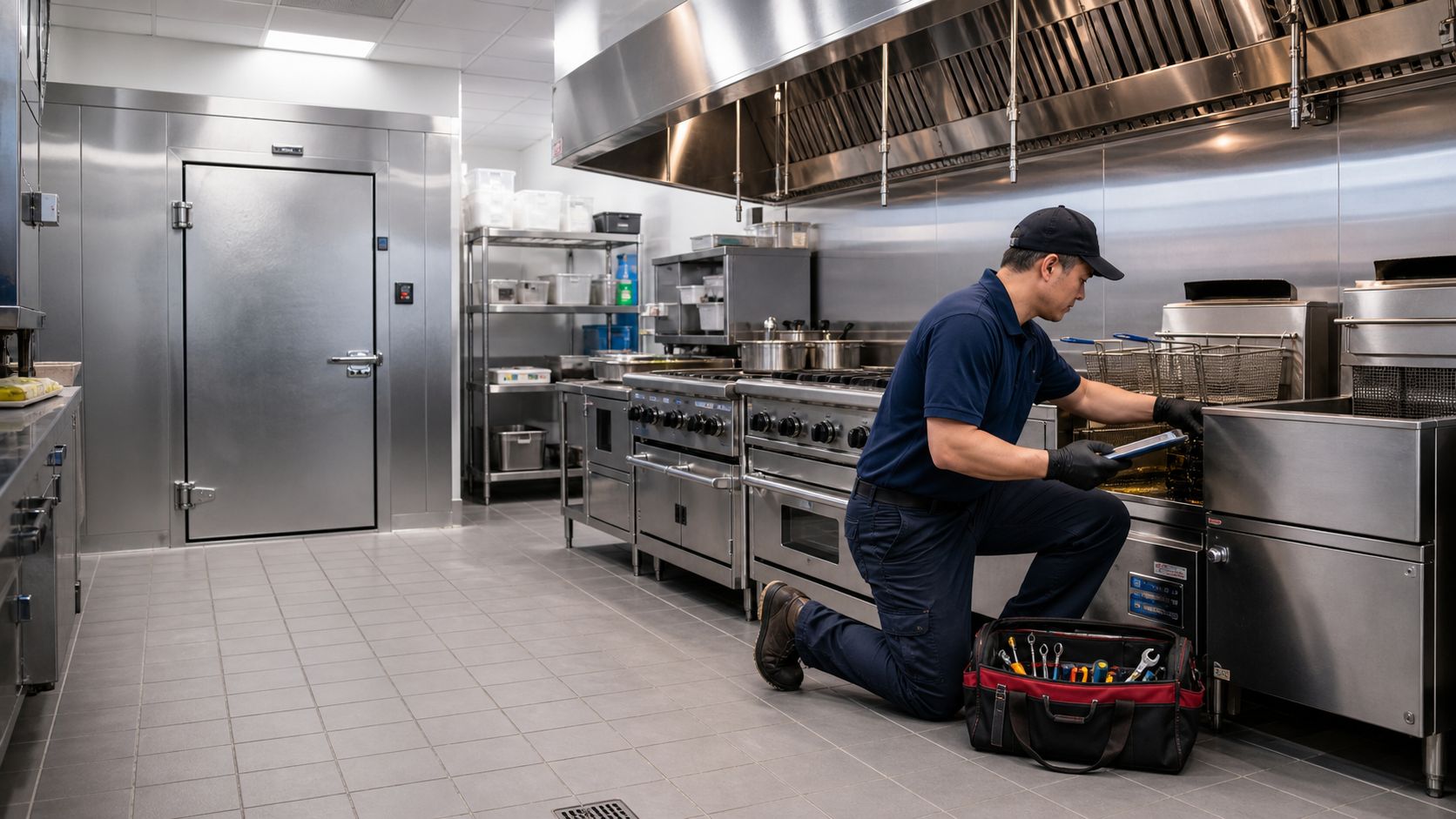 Commercial kitchen equipment technician inspecting a restaurant kitchen line